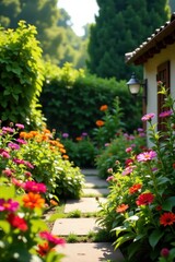 Abundant flowers, thriving plants, sunny backyard oasis , oasis, sun, aesthetic