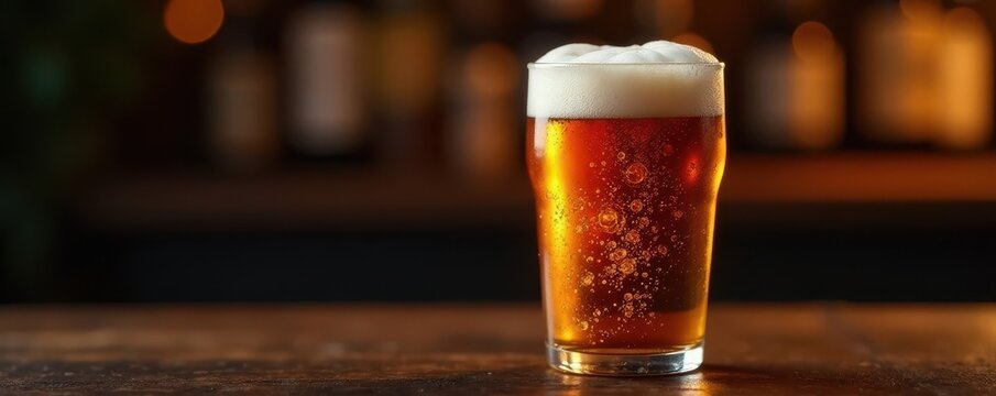 A half-full pint of dark beer, condensation visible, photography, rich, wooden
