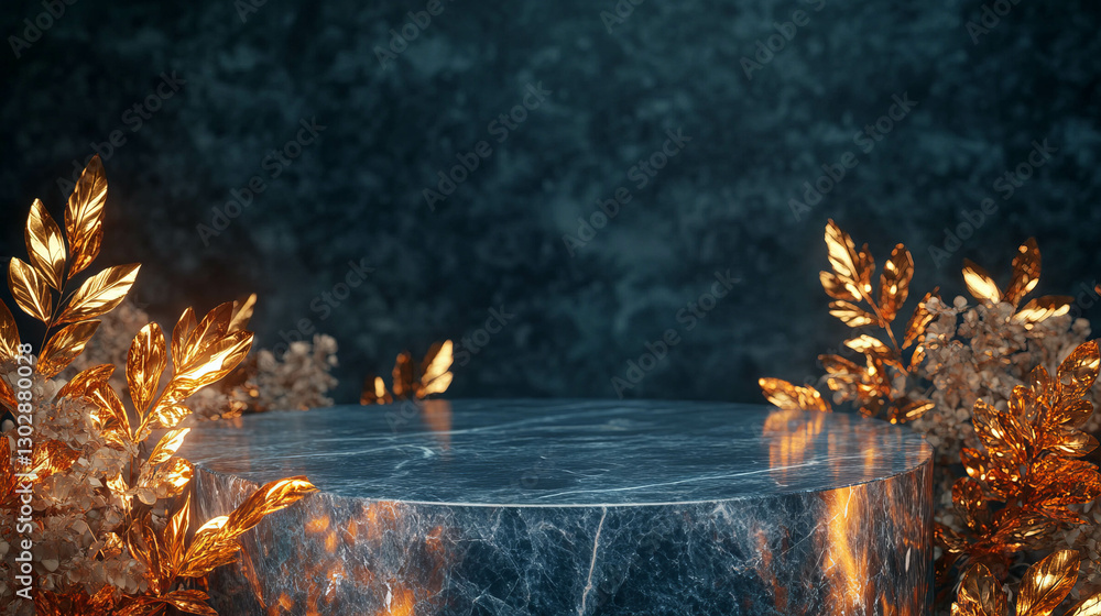Poster elegant abstract background with marble podium and golden leaves for display design