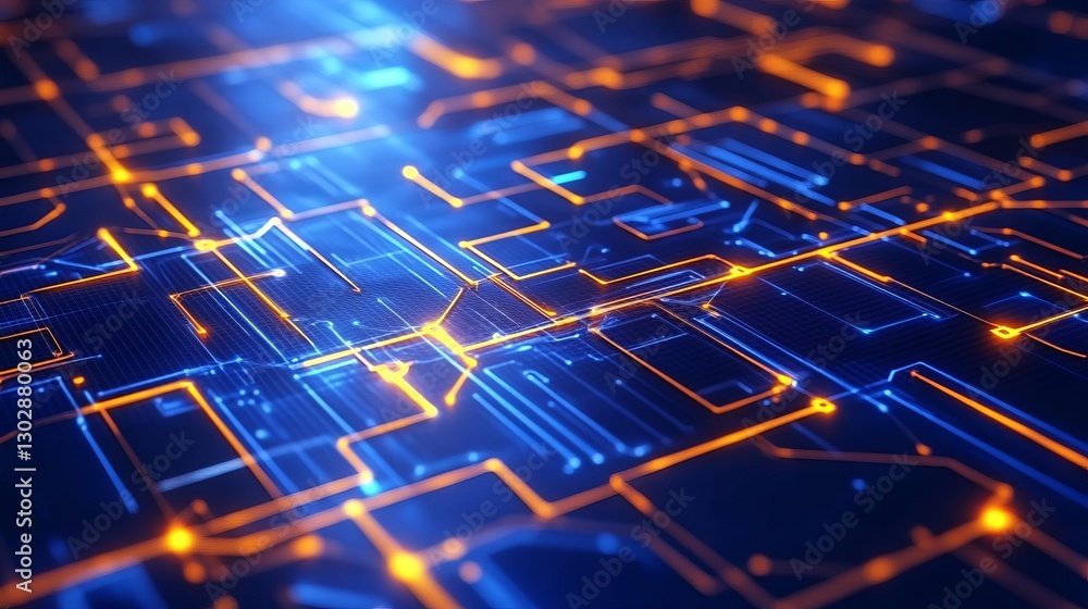 Poster a blue and orange computer chip. abstract futuristic technology concept for web design, software dev