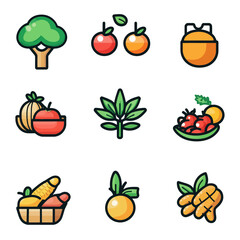 Fresh food vector icons with fruit vegetable harvest for healthy eating