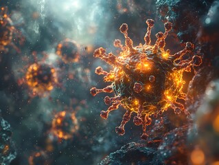 Obraz premium Glowing Viral Particles Floating in Zero Gravity Digital Rendering