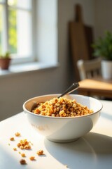 A bowl of crunchy, golden-hued breakfast cereal sits on a sunlit table, ready for a wholesome morning meal.