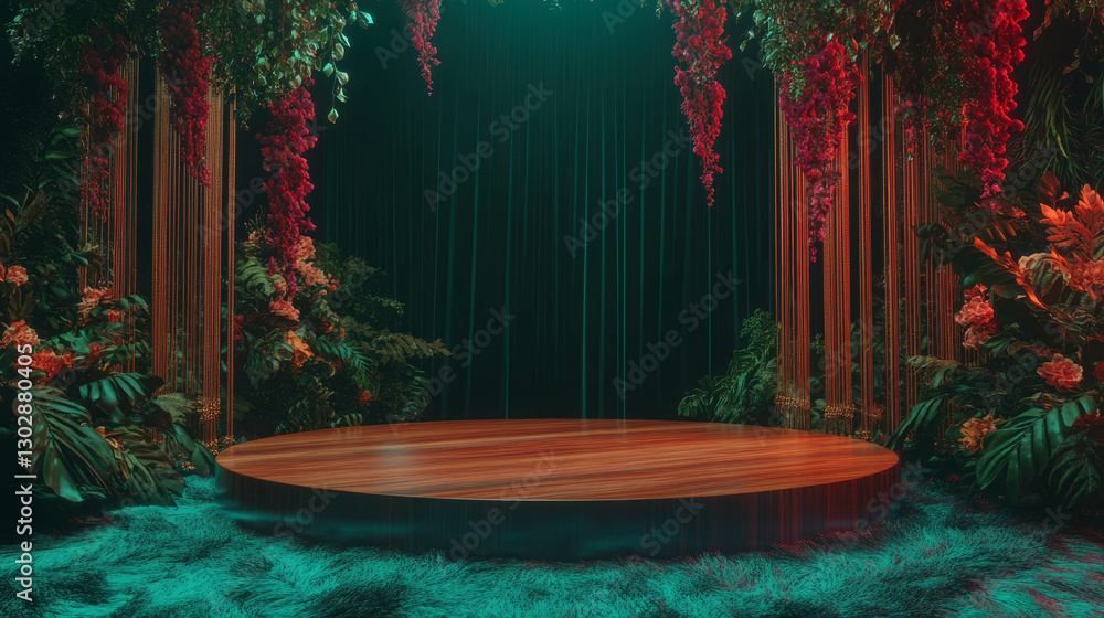 Poster abstract artistic podium in a lush greenery setting with red accents for design and display