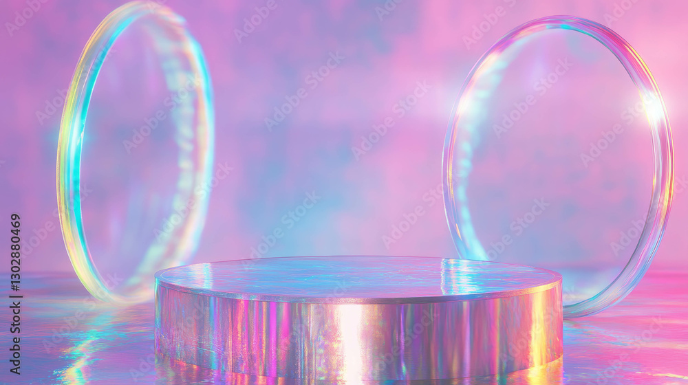 Aufkleber vibrant abstract background with reflective podium and iridescent rings for modern design