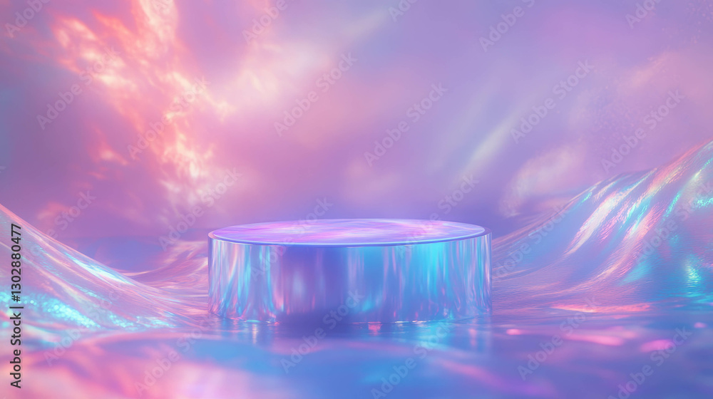 Poster Iridescent abstract background with reflective podium for design or display