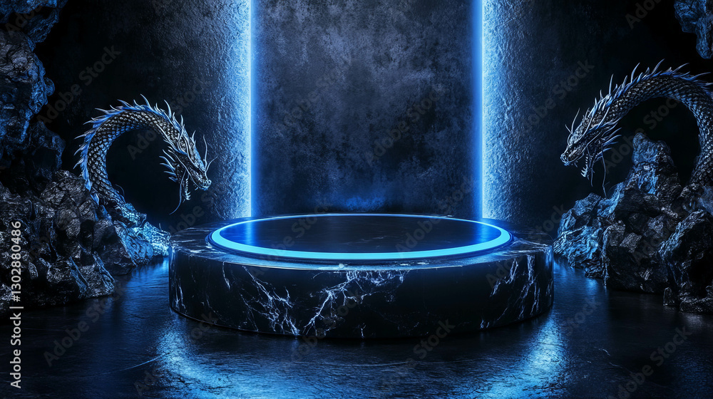 Poster futuristic neon podium with dragon elements in dark abstract setting
