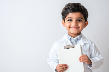 A cute little indian boy in a doctor's white coat, smiling and holding a medical notebook on a light background.