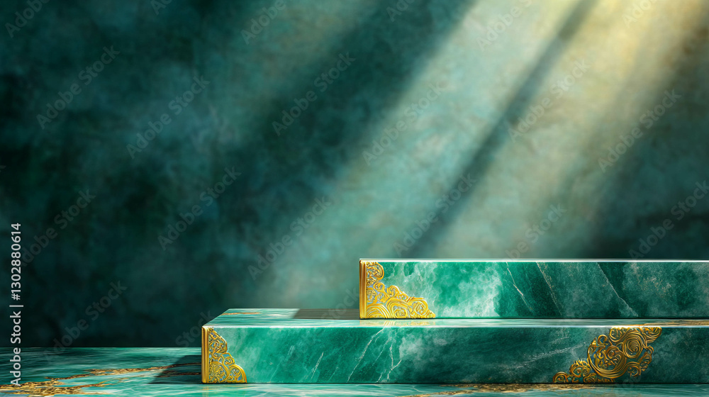 Poster elegant abstract background with green marble podium for display and design