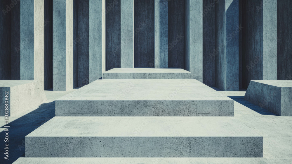 Poster minimalist architecture scene with concrete podium and geometric shadows