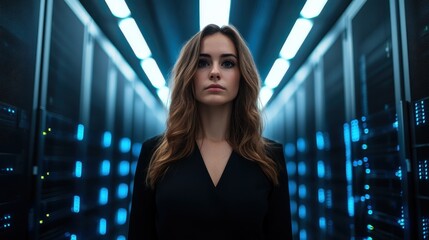 A striking portrait of a confident woman standing in a high-tech data center, illuminated by blue LED lights, showcasing the modern digital world we live in.