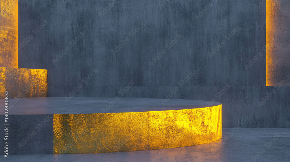 Poster modern architectural podium with textured surface and ambient lighting for presentation design
