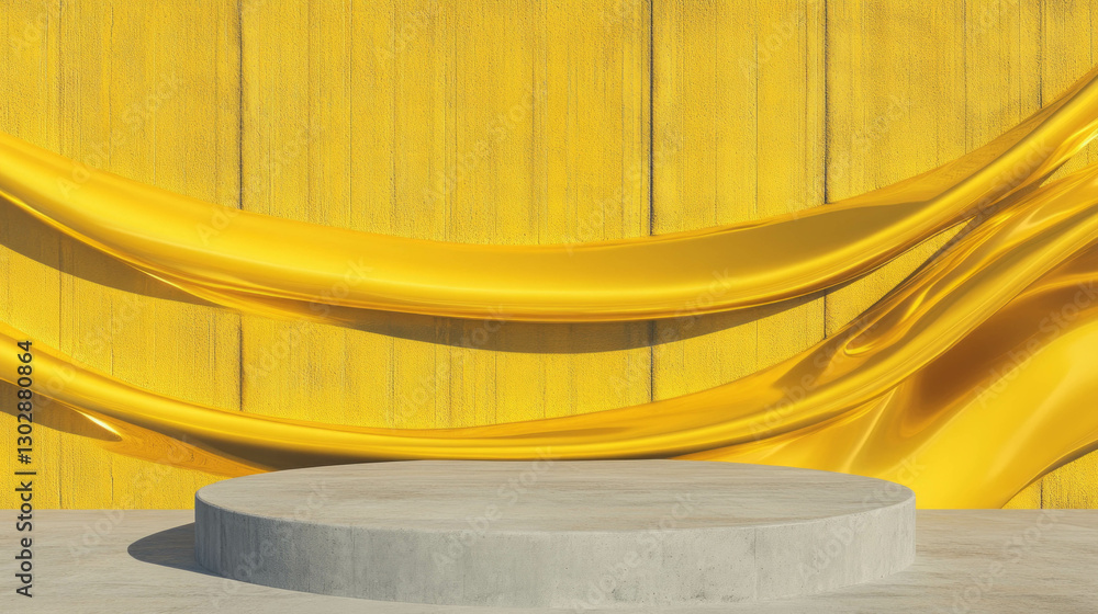 Poster Modern abstract scene with concrete podium and flowing golden fabric in minimalist setting
