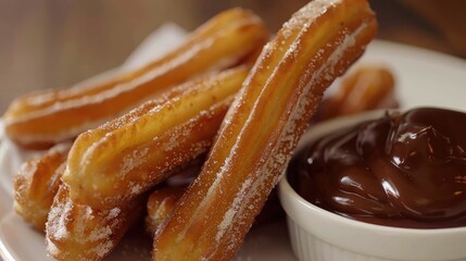 Delicious Golden Churros Served with Rich Chocolate Sauce