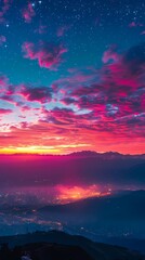 Naklejka premium Red and blue gradient sky mountains illustration poster background