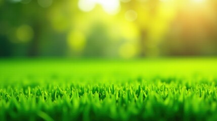 Vibrant Green Grass Close-Up with a Soft-Focus Background of Lush Greenery Illuminated by Warm Sunlight