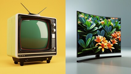 A vintage television contrasts with a modern curved display, showcasing the evolution of technology in home entertainment. generation comparison, old vs new age