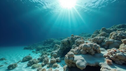Underwater view of a coral reef with bleaching and environmental degradation	