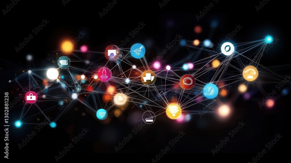Poster interconnected digital network illustration with colorful icons and abstract lines representing tech