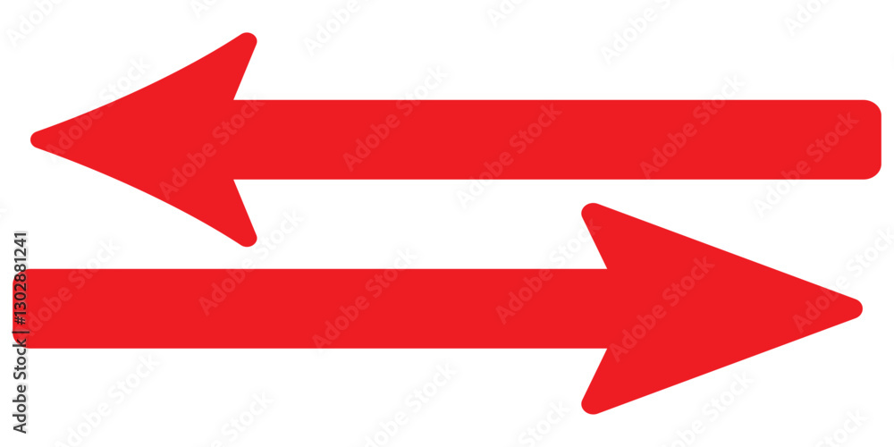 Poster red large forward or left pointing solid long arrow icon sketched as vector symbol
