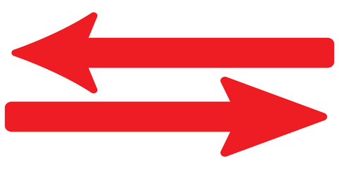 Red large forward or left pointing solid long arrow icon sketched as vector symbol