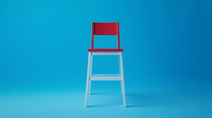 A red and white chair is sitting on a blue background
