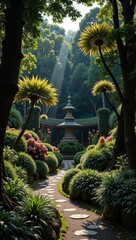 Fototapeta premium Lush greenery and vibrant flowers create serene pathway in Singapore Botanical Gardens. Concept showcases tranquility and beauty of Singapore Botanical Gardens' landscape design