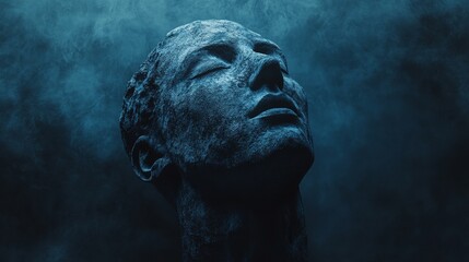 A man's face is shown in a blue background with a misty haze