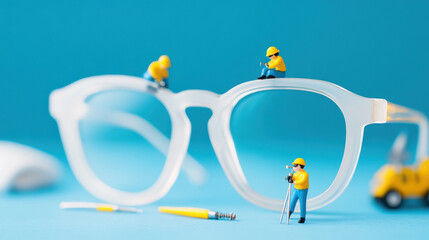 A giant pair of glasses with tiny workers polishing the lenses and adjusting the frame screws.