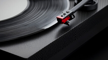 Close up of a Vinyl Record Player with Carbon Fiber Texture and Rotating Vinyl