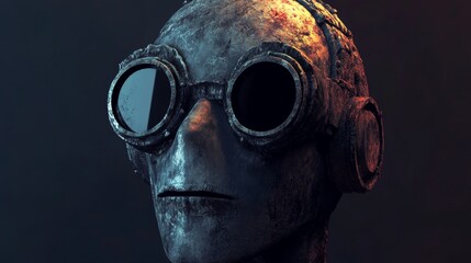 Obraz premium A man with a face and glasses is shown in a dark background