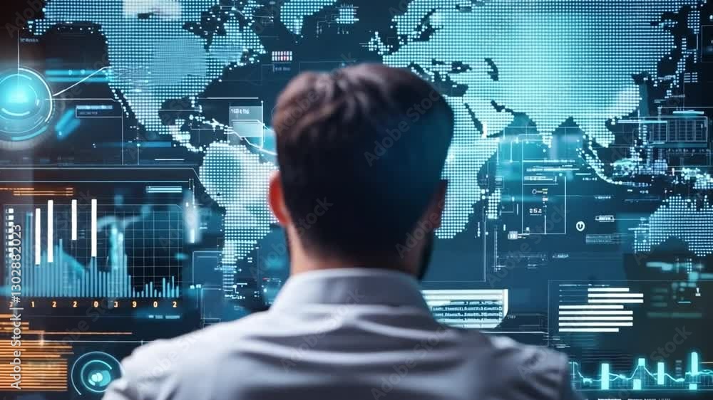 Poster data analytics vision: a man studies sophisticated data visualizations and maps, possibly analyzing 