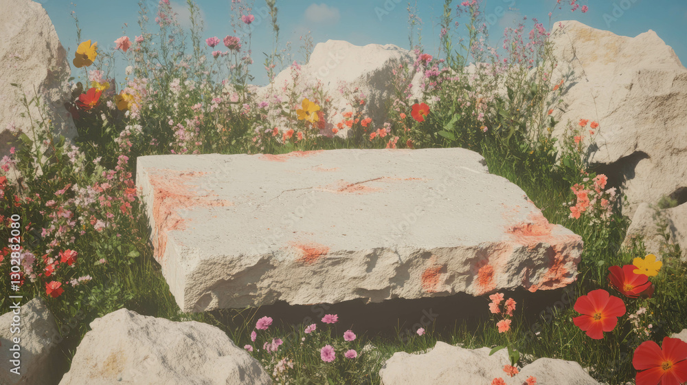 Poster nature inspired podium in floral setting for product display or design concepts