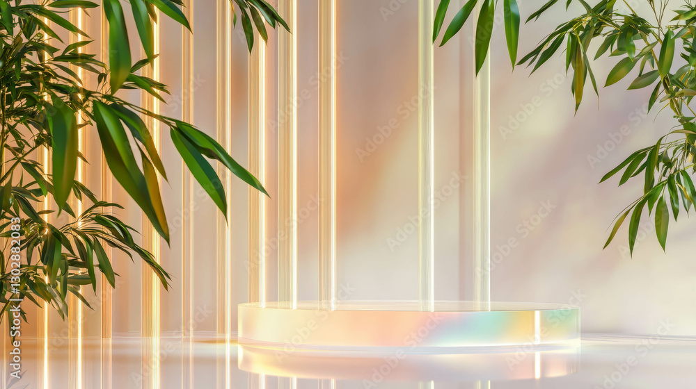 Poster Futuristic abstract background with transparent podium and bamboo elements for design