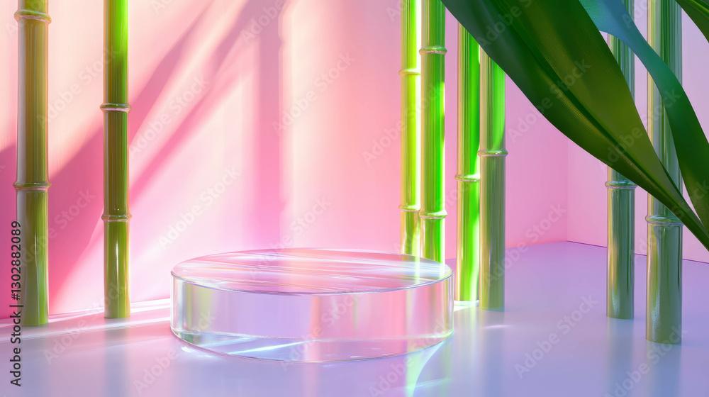 Poster Elegant abstract display with transparent podium and bamboo elements in soft pastel light