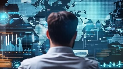 Data Analytics Vision: A man studies sophisticated data visualizations and maps, possibly analyzing global trends in a futuristic tech environment - Powered by Adobe