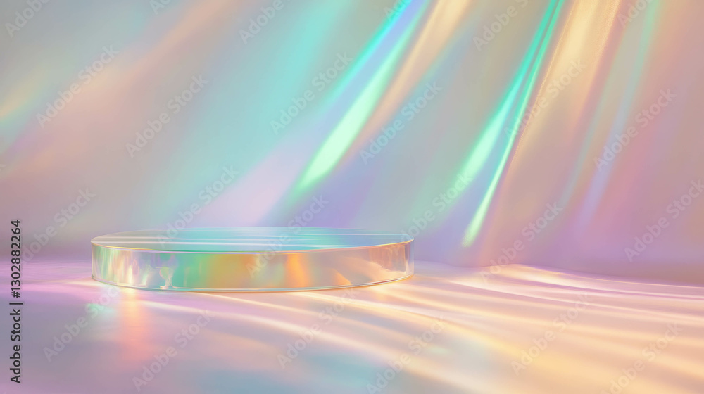 Poster futuristic holographic podium on iridescent abstract background for creative design