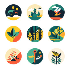 Abstract Nature Icons: Animals, Plants, and Landscapes in Circle Frames