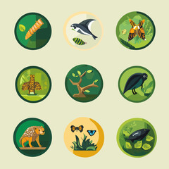 Flat Design Vector Illustration of Animals, Insects and Plants Set