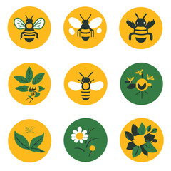 Bee and Plant Icons in a Circular Design for Nature and Gardening Themes