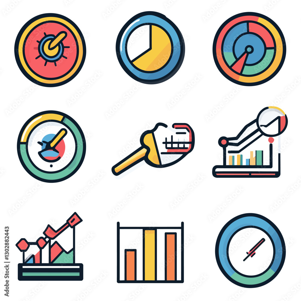 Poster business data charts and graph icon set with financial analysis tools