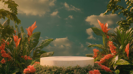 Tropical podium with lush foliage and vibrant flowers under cloudy sky