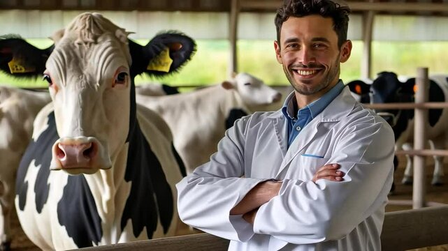 veterinarian examines cows in the background