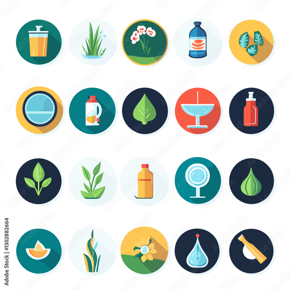 Poster flat vector icons set of natural elements and objects on colorful circles