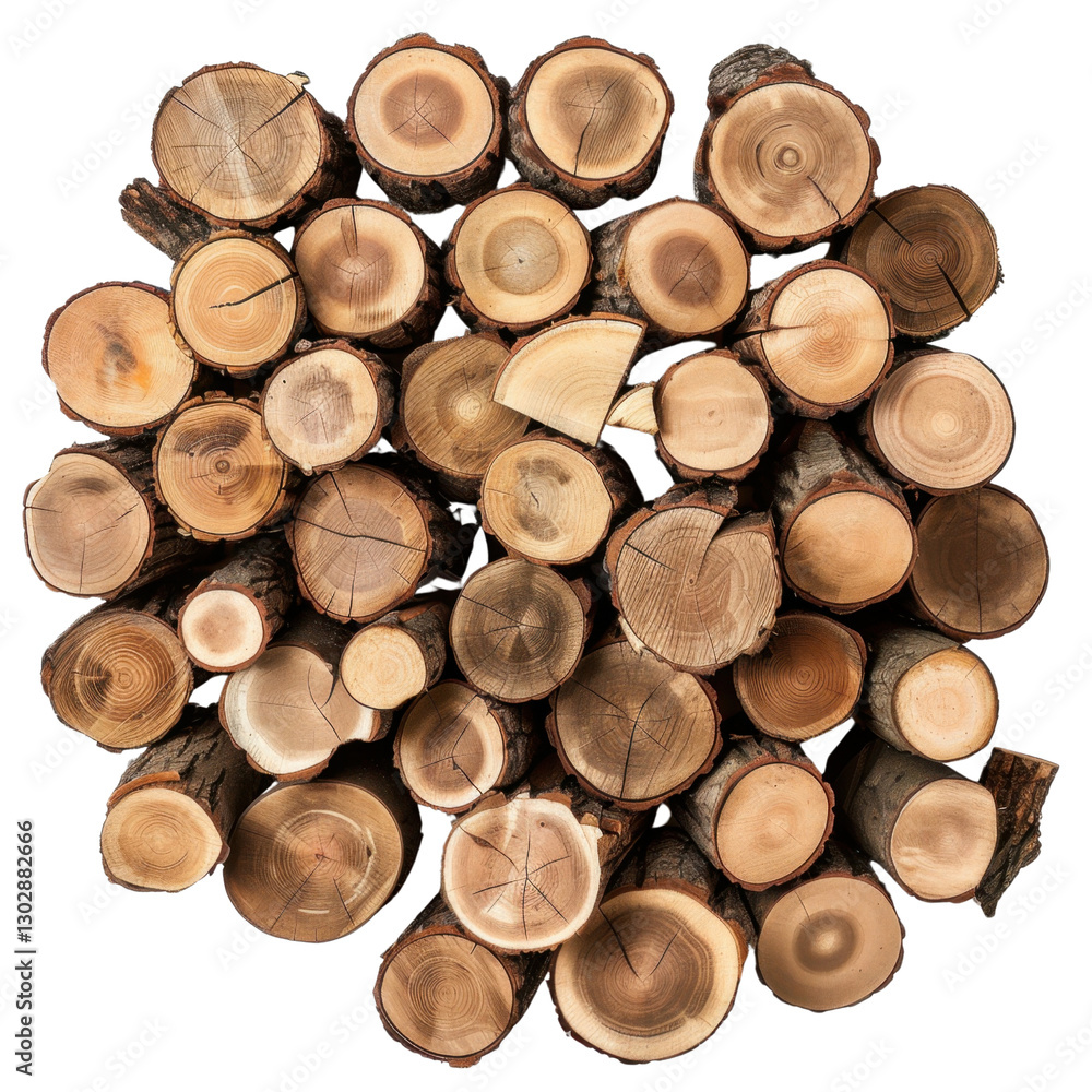 Poster natural wood logs arranged in circular pattern, showcasing various tree rings and textures, creating