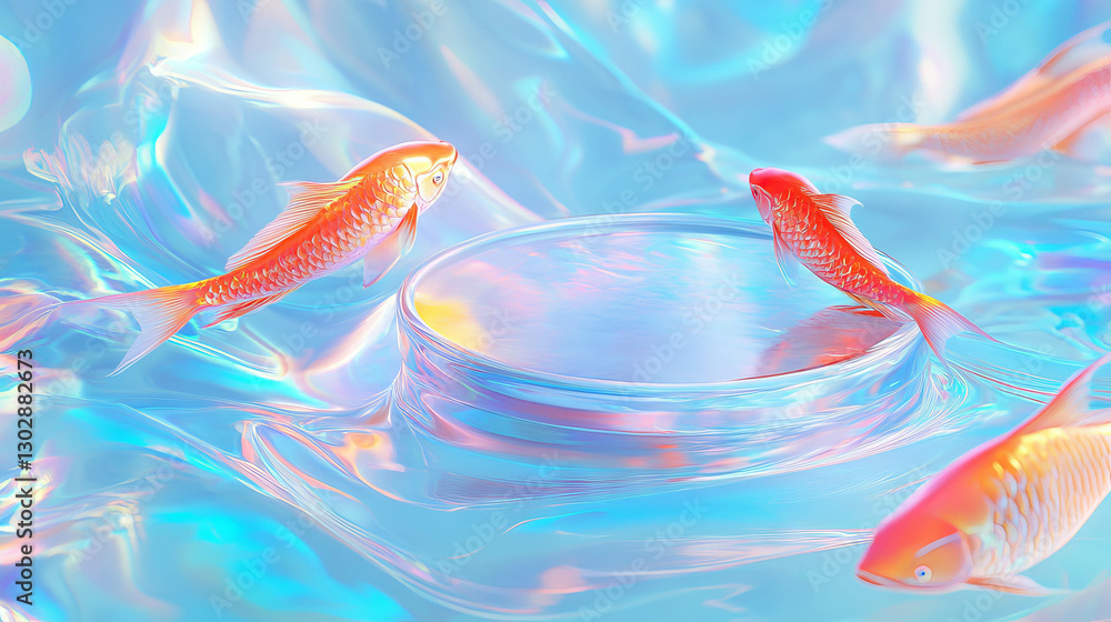 Poster abstract iridescent background with fish and podium for modern design