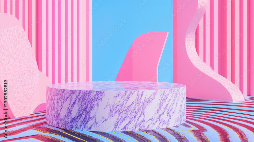 Poster vibrant abstract background with podium in pink and blue striped setting for creative design