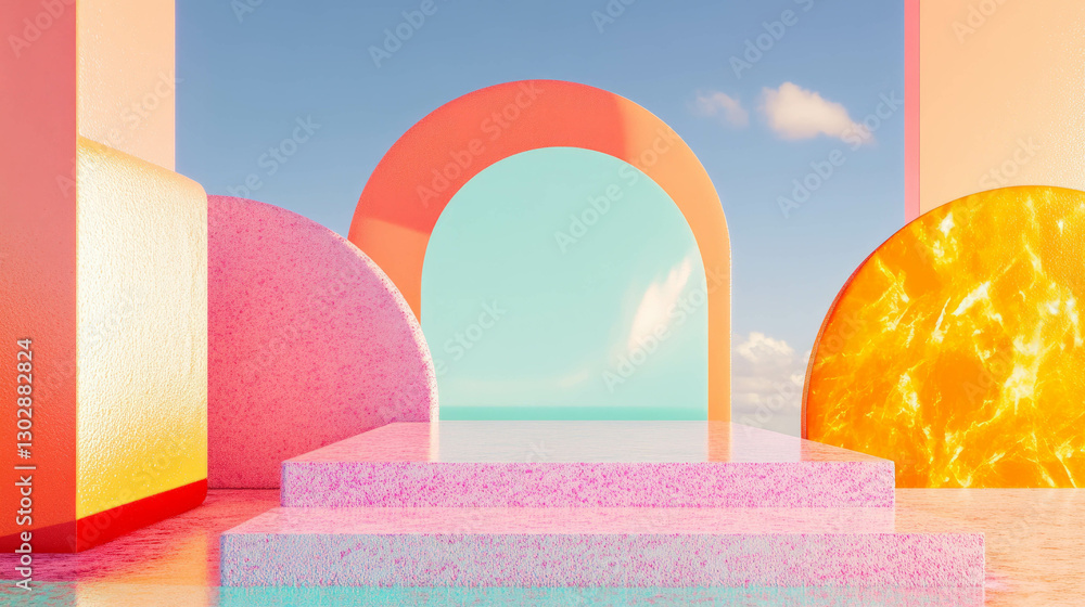 Poster Vibrant abstract background with colorful podium and arch structures for creative design