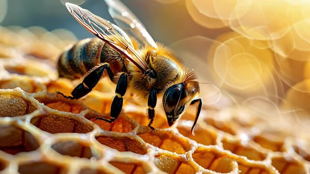 close-up of a bee sitting on a honeycomb, honey