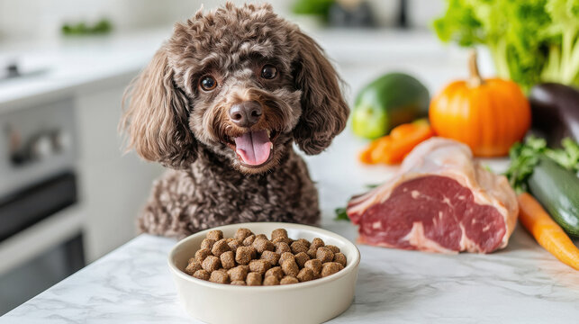 a happy chocolate poodle trying to eat dog food